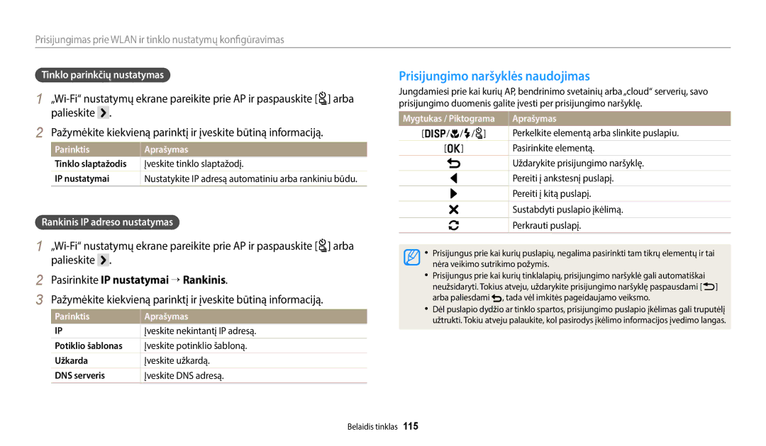 Samsung EC-WB700ZBPBE2, EC-WB800FBPWE2 Prisijungimo naršyklės naudojimas, Palieskite, Pasirinkite IP nustatymai “ Rankinis 