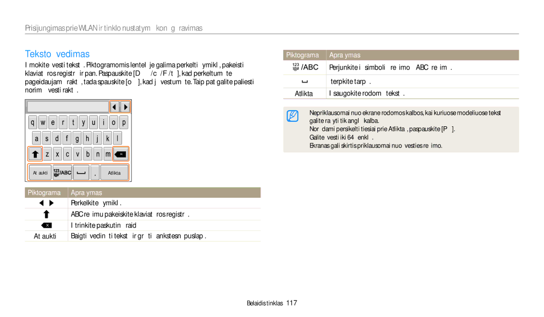 Samsung EC-WB800FFPWE2, EC-WB800FBPWE2, EC-WB700ZBPBE2, EC-WB800FBPBE2, EC-WB800FFPBE2 Teksto įvedimas, Piktograma Aprašymas 