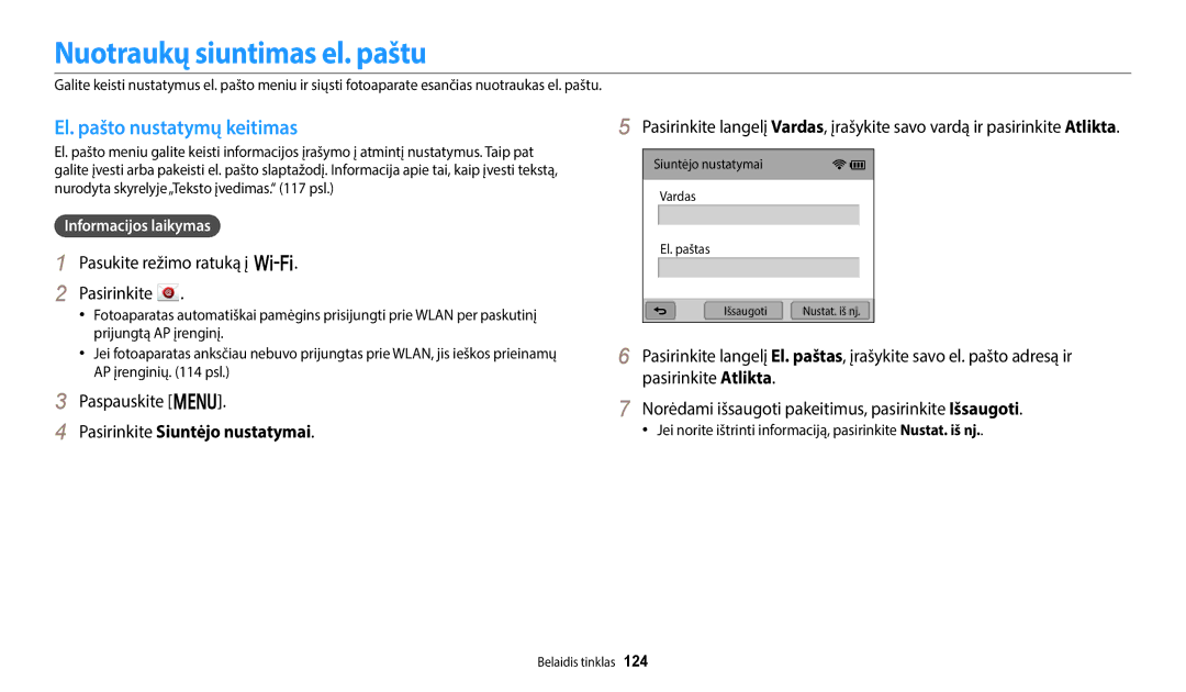 Samsung EC-WB800FBPWE2 manual Nuotraukų siuntimas el. paštu, El. pašto nustatymų keitimas, Pasirinkite Siuntėjo nustatymai 