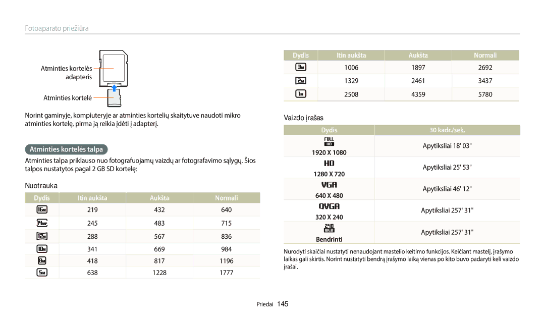 Samsung EC-WB700ZBPBE2, EC-WB800FBPWE2, EC-WB800FBPBE2 manual Atminties kortelės talpa, Dydis Itin aukšta Aukšta Normali 