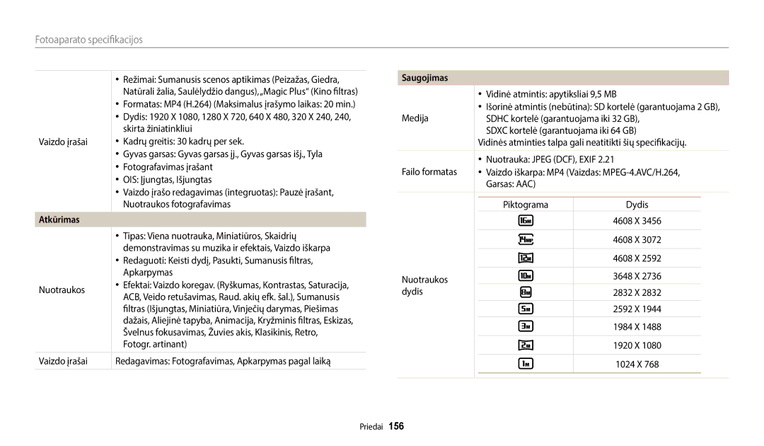 Samsung EC-WB800FBPBE2, EC-WB800FBPWE2, EC-WB700ZBPBE2, EC-WB800FFPWE2, EC-WB800FFPBE2 manual Saugojimas 