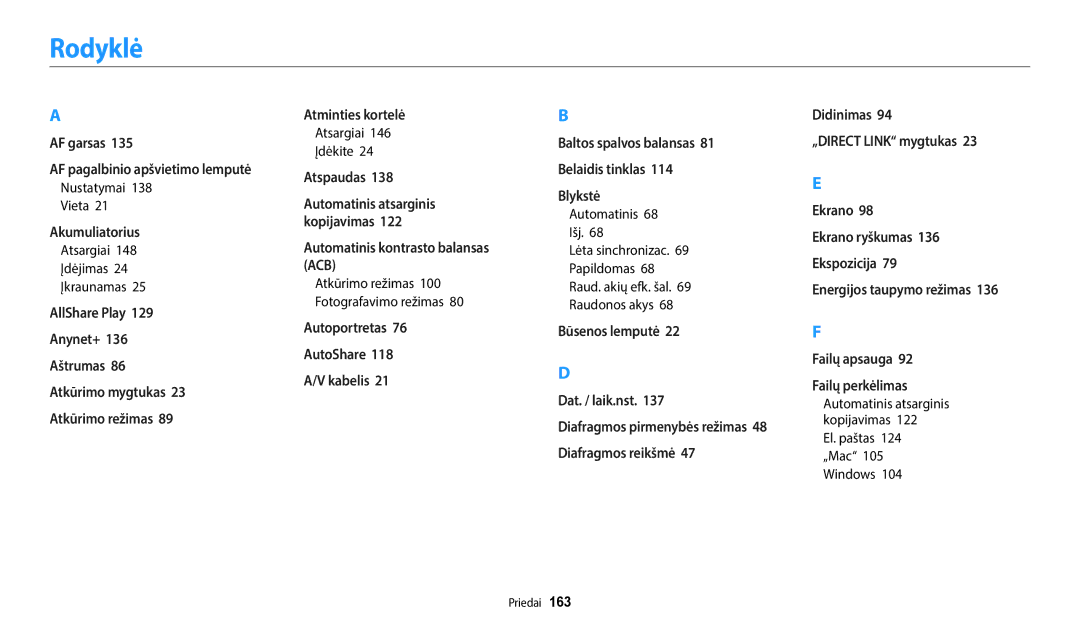 Samsung EC-WB800FFPBE2, EC-WB800FBPWE2, EC-WB700ZBPBE2, EC-WB800FBPBE2, EC-WB800FFPWE2 manual Rodyklė, Nustatymai Vieta 