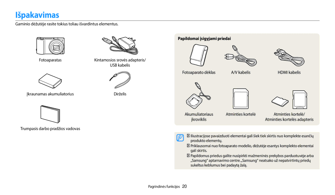 Samsung EC-WB700ZBPBE2, EC-WB800FBPWE2, EC-WB800FBPBE2, EC-WB800FFPWE2 manual Išpakavimas, Papildomai įsigyjami priedai 