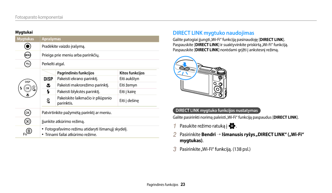 Samsung EC-WB800FFPBE2 manual Direct Link mygtuko naudojimas, Pasukite režimo ratuką į n, Pasirinkite„Wi-Fi funkciją psl 