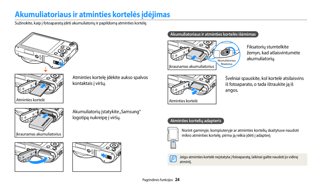 Samsung EC-WB800FBPWE2 Akumuliatoriaus ir atminties kortelės įdėjimas, Akumuliatoriaus ir atminties kortelės išėmimas 