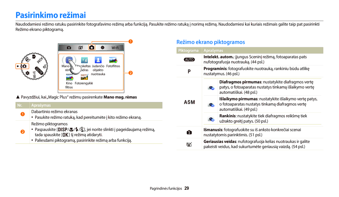 Samsung EC-WB800FBPWE2, EC-WB700ZBPBE2, EC-WB800FBPBE2, EC-WB800FFPWE2 manual Pasirinkimo režimai, Režimo ekrano piktogramos 