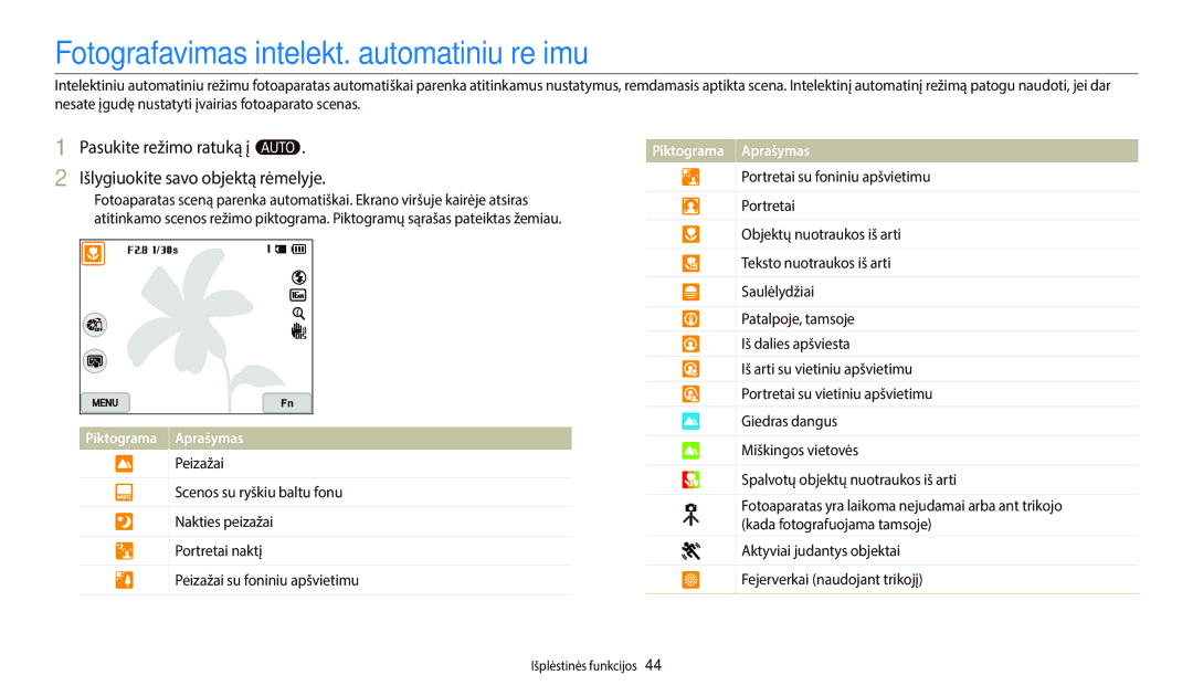 Samsung EC-WB800FBPWE2, EC-WB700ZBPBE2, EC-WB800FBPBE2 Fotografavimas intelekt. automatiniu režimu, Piktograma Aprašymas 