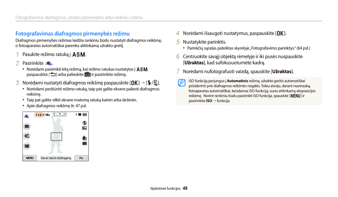 Samsung EC-WB800FFPBE2, EC-WB800FBPWE2 Fotografavimas diafragmos pirmenybės režimu, Pasukite režimo ratuką į G Pasirinkite 