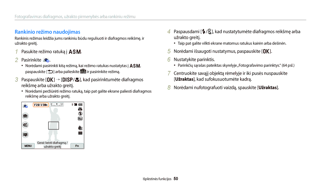 Samsung EC-WB700ZBPBE2, EC-WB800FBPWE2, EC-WB800FBPBE2, EC-WB800FFPWE2, EC-WB800FFPBE2 manual Rankinio režimo naudojimas 