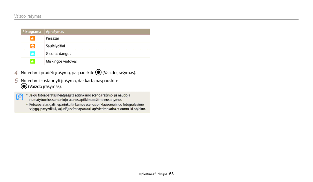 Samsung EC-WB800FFPBE2, EC-WB800FBPWE2 manual Piktograma Aprašymas, Peizažai Saulėlydžiai Giedras dangus Miškingos vietovės 