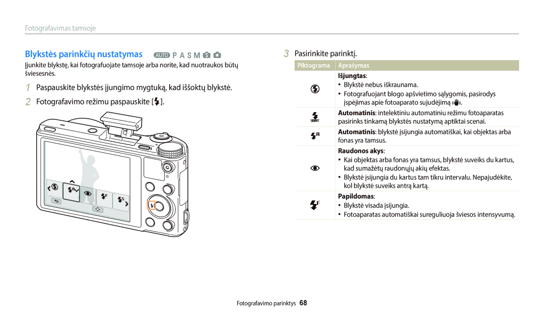 Samsung EC-WB800FFPBE2, EC-WB800FBPWE2 Blykstės parinkčių nustatymas T p a h M s g, Išjungtas, Raudonos akys, Papildomas 