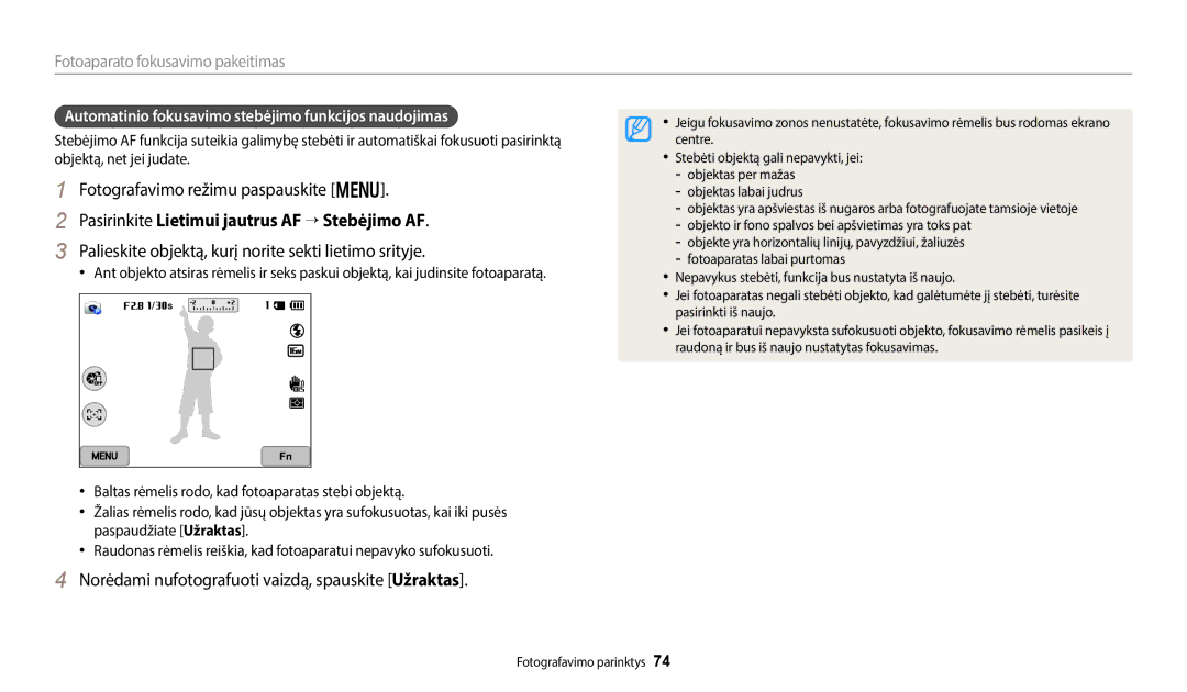 Samsung EC-WB800FBPWE2, EC-WB700ZBPBE2, EC-WB800FBPBE2, EC-WB800FFPWE2 manual Pasirinkite Lietimui jautrus AF “ Stebėjimo AF 