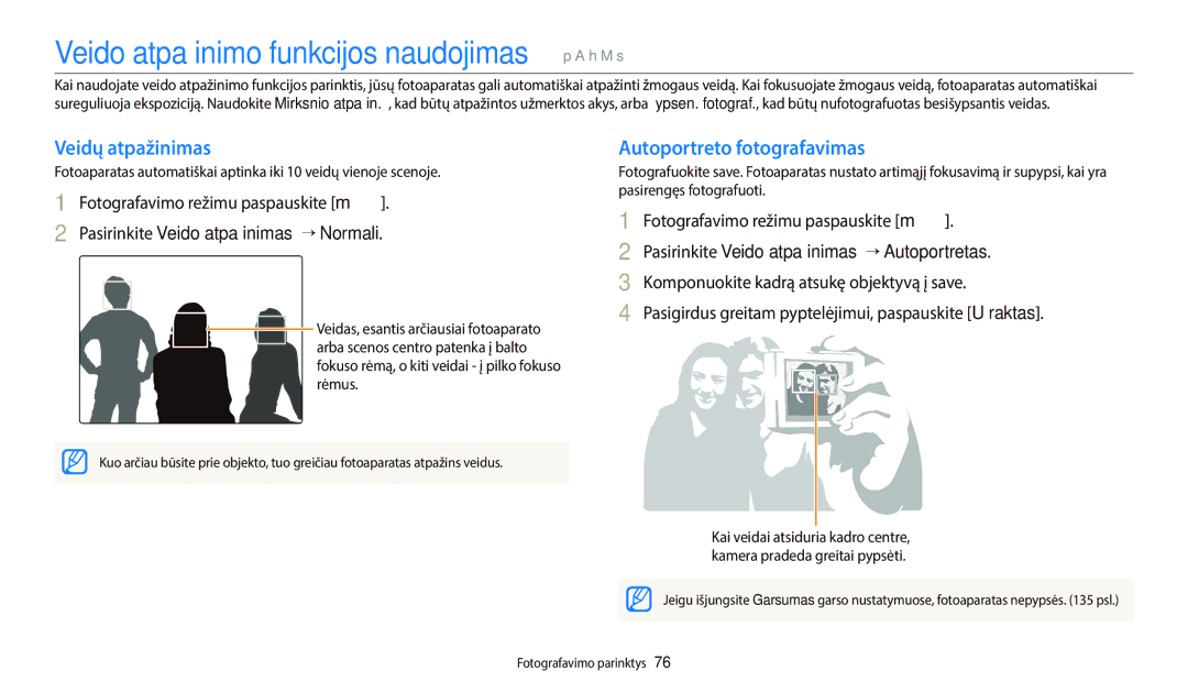 Samsung EC-WB800FBPBE2 Veido atpažinimo funkcijos naudojimas p a h M s, Veidų atpažinimas, Autoportreto fotografavimas 