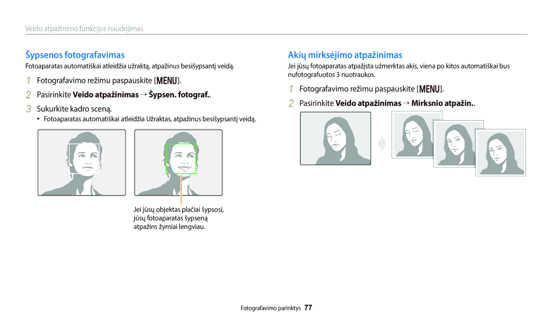 Samsung EC-WB800FFPWE2, EC-WB800FBPWE2 manual Šypsenos fotografavimas, Akių mirksėjimo atpažinimas, Sukurkite kadro sceną 