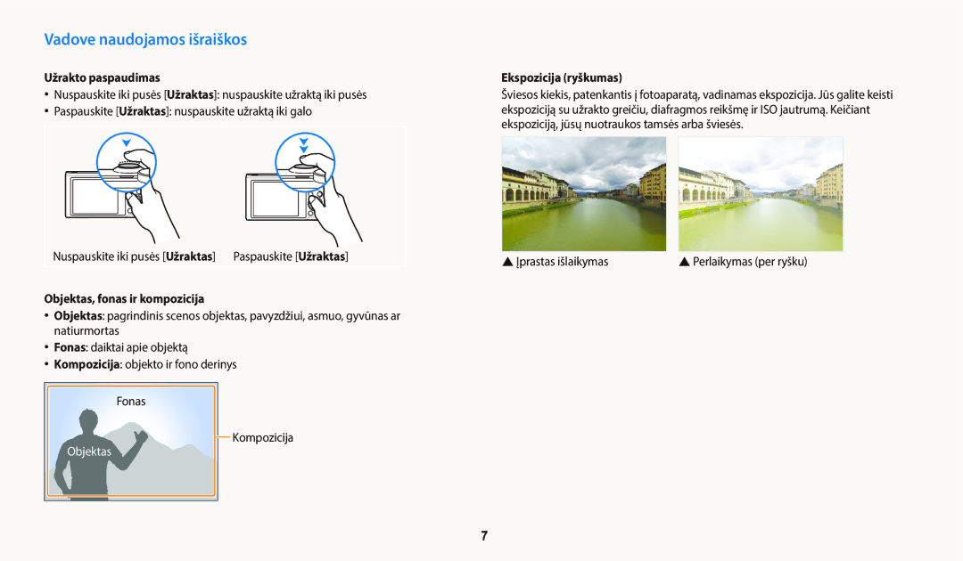 Samsung EC-WB800FFPWE2, EC-WB800FBPWE2 Vadove naudojamos išraiškos, Užrakto paspaudimas, Objektas, fonas ir kompozicija 