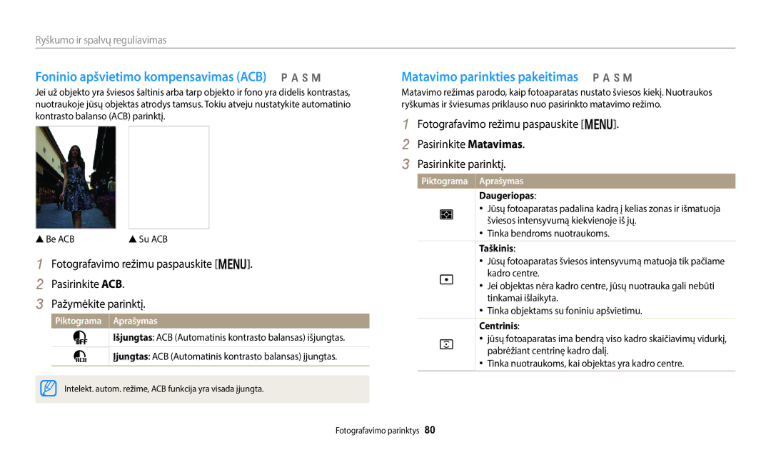 Samsung EC-WB700ZBPBE2 Foninio apšvietimo kompensavimas ACB p a h M, Matavimo parinkties pakeitimas p a h M, Daugeriopas 