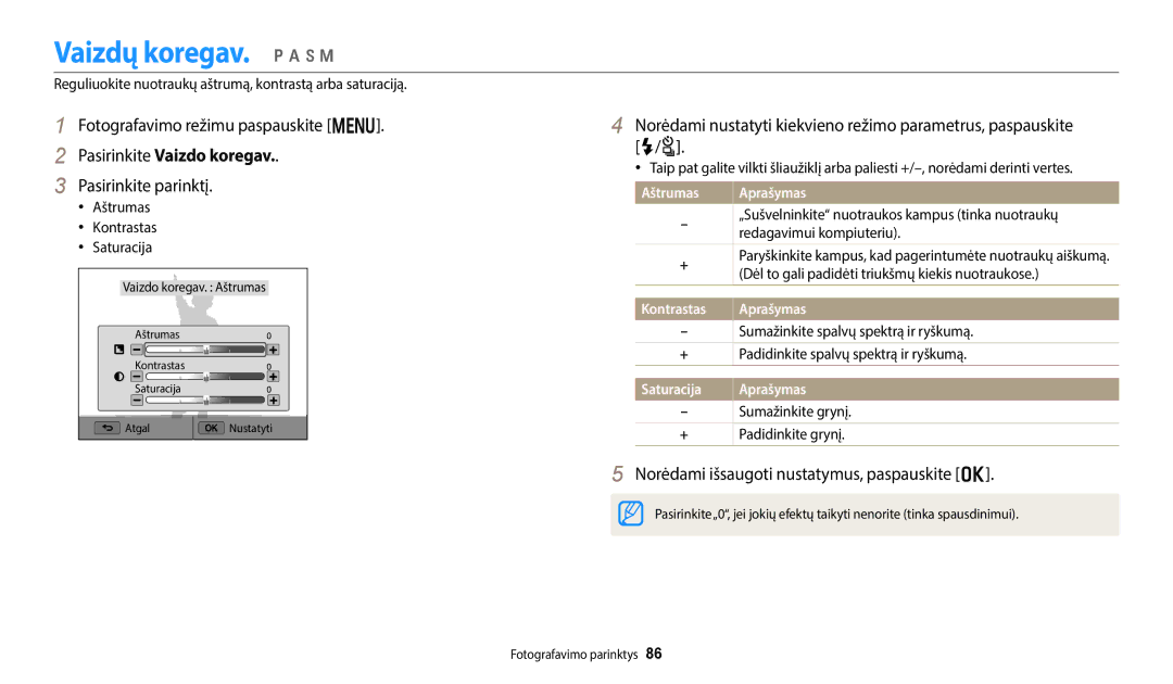 Samsung EC-WB800FBPBE2 manual Vaizdų koregav. p a h M, Pasirinkite Vaizdo koregav, Kontrastas Aprašymas, Saturacija 