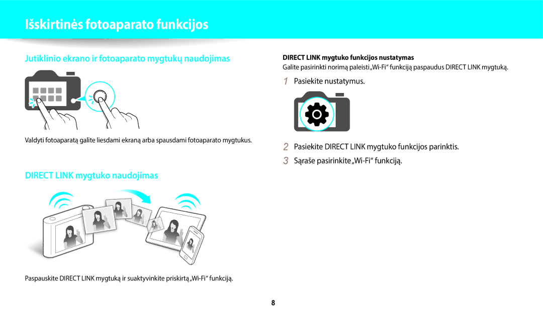 Samsung EC-WB800FFPBE2, EC-WB800FBPWE2 manual Išskirtinės fotoaparato funkcijos, Direct Link mygtuko funkcijos nustatymas 