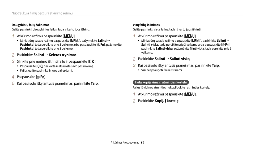 Samsung EC-WB800FFPBE2 Atkūrimo režimu paspauskite m, Pasirinkite Šalinti “ Keletos trynimas, Pasirinkite Kopij. į kortelę 