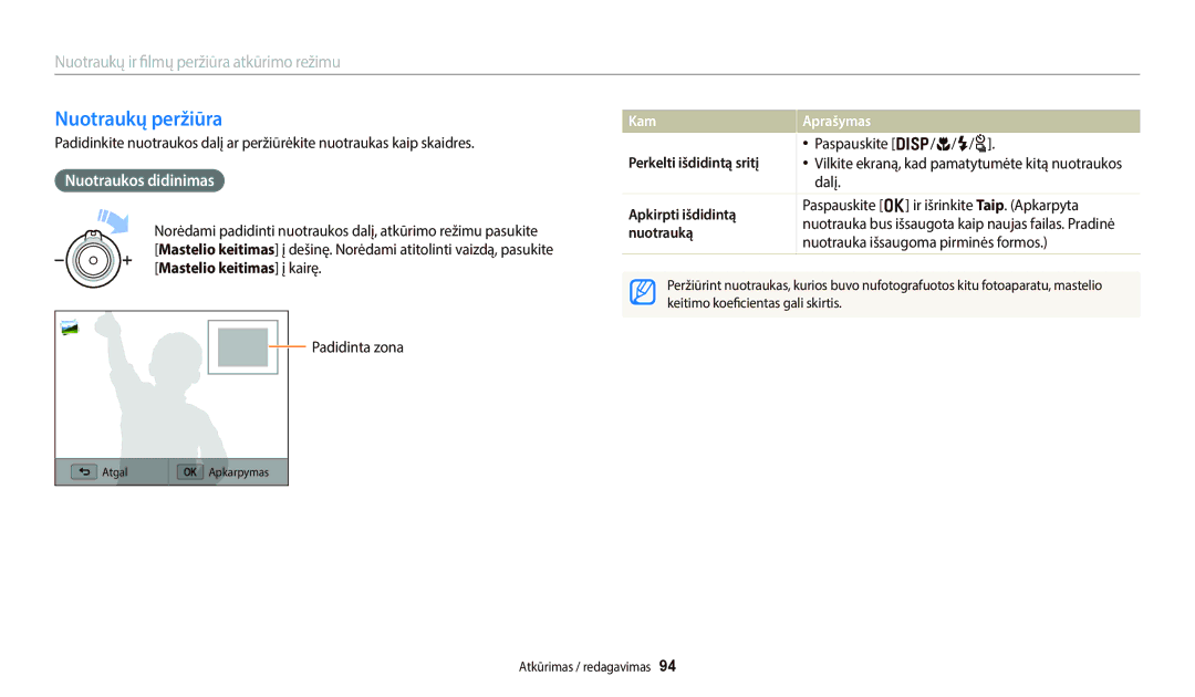 Samsung EC-WB800FBPWE2, EC-WB700ZBPBE2, EC-WB800FBPBE2 manual Nuotraukų peržiūra, Nuotraukos didinimas, Kam Aprašymas 