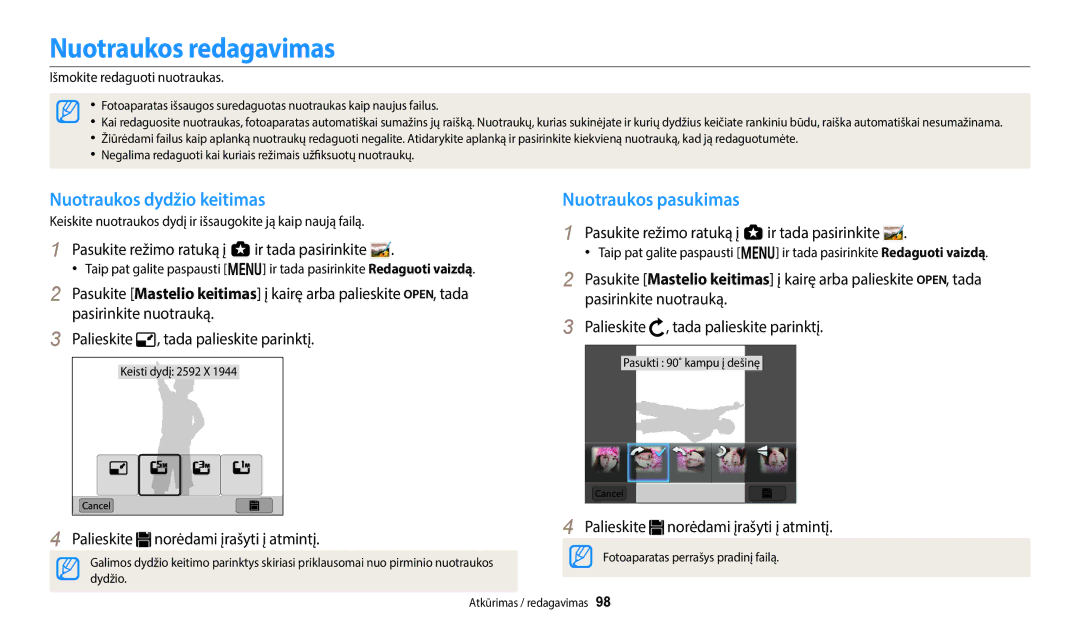 Samsung EC-WB800FFPBE2, EC-WB800FBPWE2 manual Nuotraukos redagavimas, Nuotraukos dydžio keitimas, Nuotraukos pasukimas 