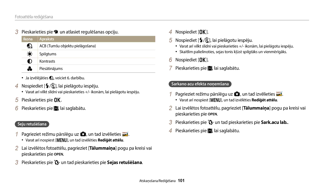 Samsung EC-WB800FBPBE2 manual Pieskarieties pie un atlasiet regulēšanas opciju, Nospiediet F/t, lai pielāgotu iespēju 