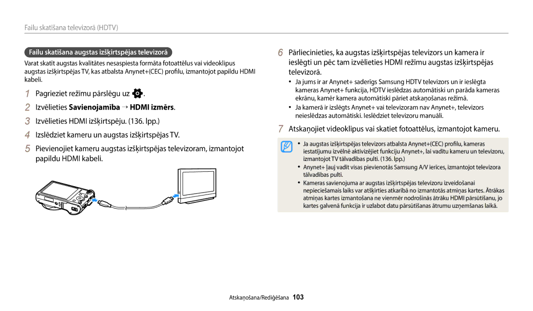 Samsung EC-WB800FFPBE2 manual Izvēlieties Savienojamība “ Hdmi izmērs, Failu skatīšana augstas izšķirtspējas televizorā 