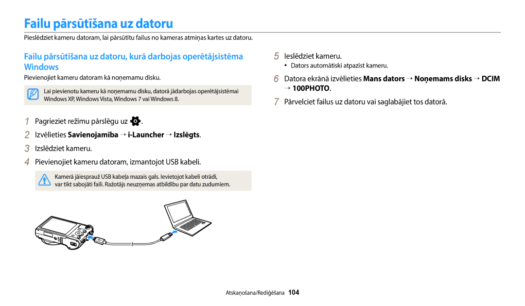 Samsung EC-WB800FBPWE2 manual Failu pārsūtīšana uz datoru, Izvēlieties Savienojamība “ i-Launcher “ Izslēgts, “ 100PHOTO 