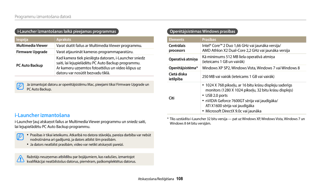 Samsung EC-WB800FFPBE2 manual Launcher izmantošanas laikā pieejamas programmas, Operētājsistēmas Windows prasības 