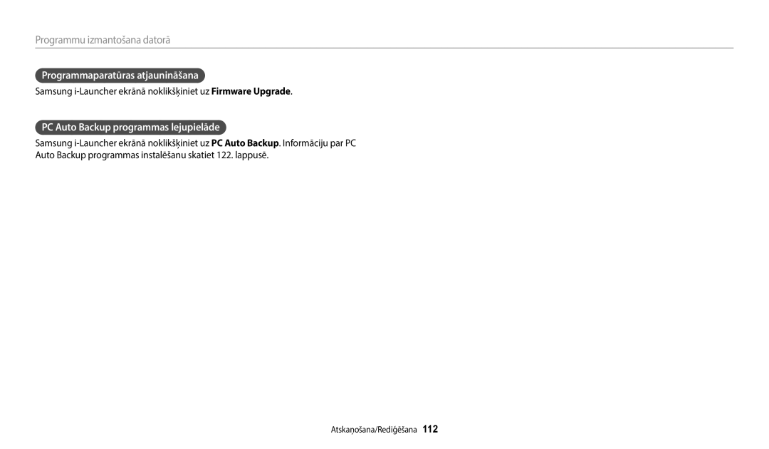 Samsung EC-WB800FFPWE2, EC-WB800FBPWE2 manual Programmaparatūras atjaunināšana, PC Auto Backup programmas lejupielāde 