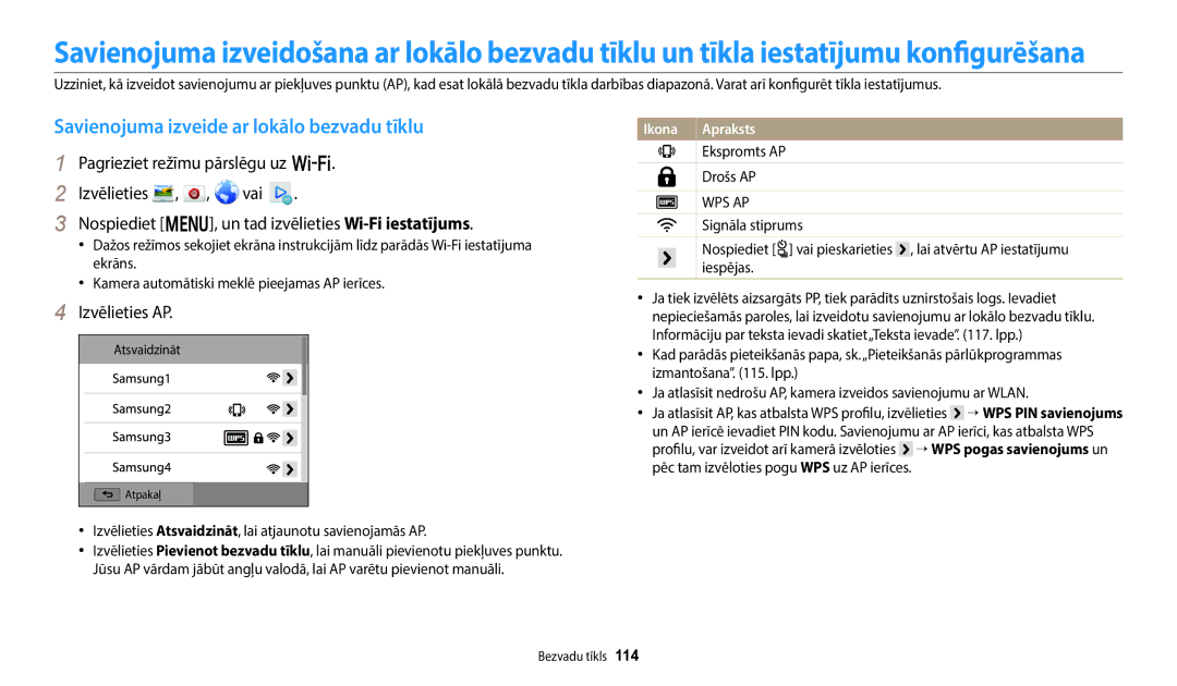 Samsung EC-WB800FBPWE2, EC-WB700ZBPBE2 Savienojuma izveide ar lokālo bezvadu tīklu, Izvēlieties AP, Ekspromts AP Drošs AP 