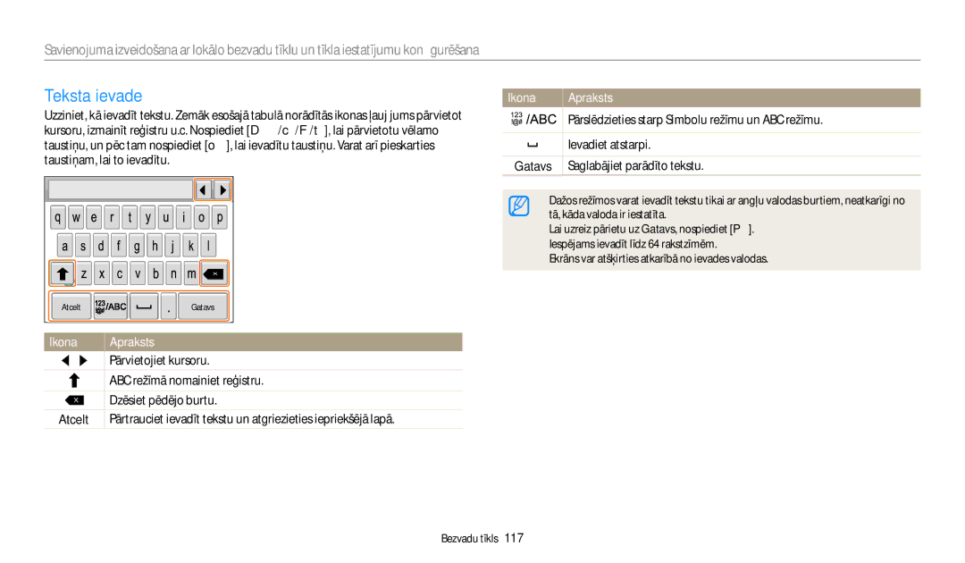 Samsung EC-WB800FFPWE2, EC-WB800FBPWE2, EC-WB700ZBPBE2, EC-WB800FBPBE2, EC-WB800FFPBE2 manual Teksta ievade, Ikona Apraksts 