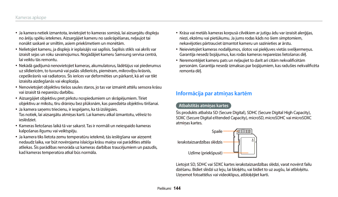 Samsung EC-WB800FBPWE2, EC-WB700ZBPBE2, EC-WB800FBPBE2 manual Informācija par atmiņas kartēm, Atbalstītās atmiņas kartes 