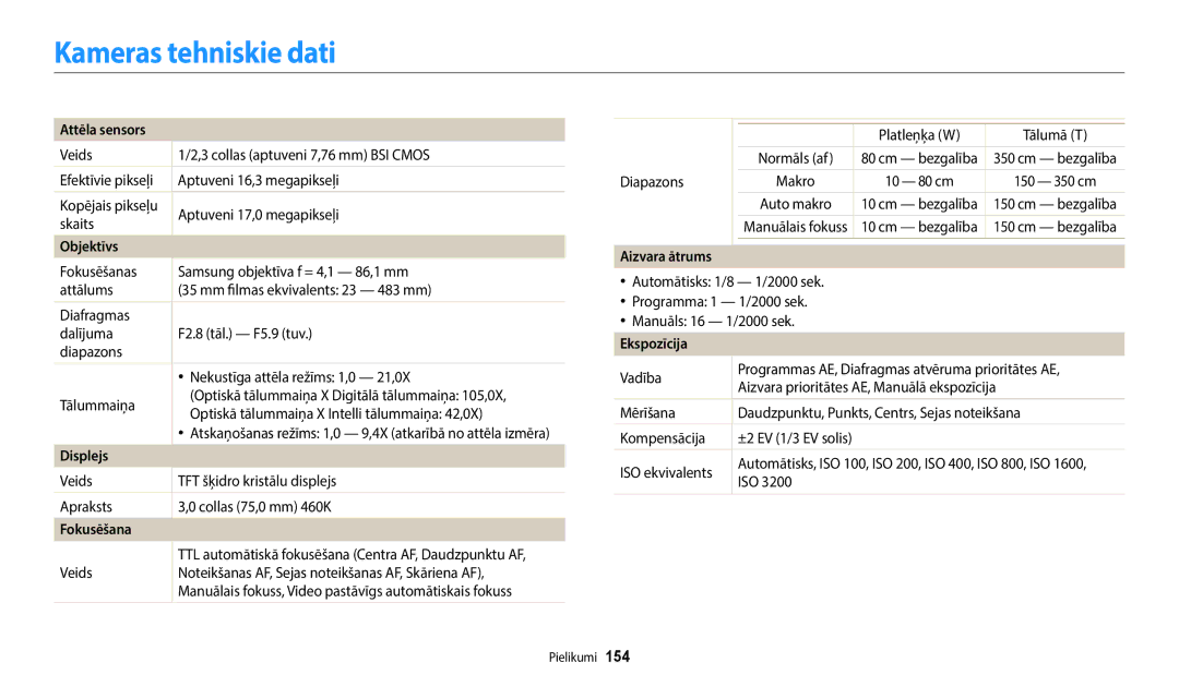 Samsung EC-WB800FBPWE2, EC-WB700ZBPBE2, EC-WB800FBPBE2 manual Kameras tehniskie dati, Attēla sensors, Fokusēšana, Ekspozīcija 