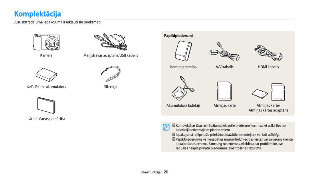 Samsung EC-WB700ZBPBE2, EC-WB800FBPWE2, EC-WB800FBPBE2, EC-WB800FFPWE2, EC-WB800FFPBE2 manual Komplektācija, Papildpiederumi 