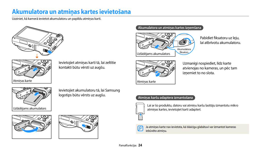 Samsung EC-WB800FBPWE2, EC-WB700ZBPBE2 Akumulatora un atmiņas kartes ievietošana, Akumulatora un atmiņas kartes izņemšana 