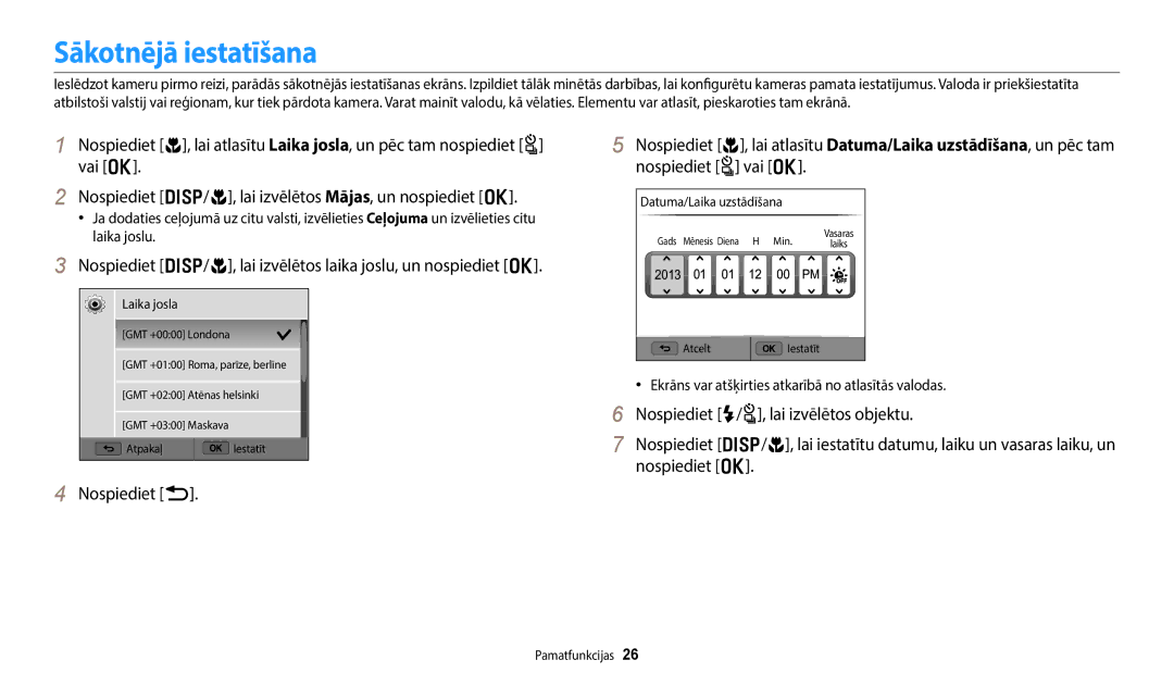 Samsung EC-WB800FBPBE2 Sākotnējā iestatīšana, Nospiediet D/c, lai izvēlētos laika joslu, un nospiediet o, Nospiediet b 