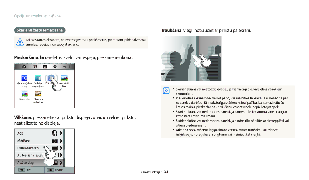 Samsung EC-WB800FFPBE2, EC-WB800FBPWE2, EC-WB700ZBPBE2, EC-WB800FBPBE2, EC-WB800FFPWE2 manual Skārienu žestu iemācīšana 