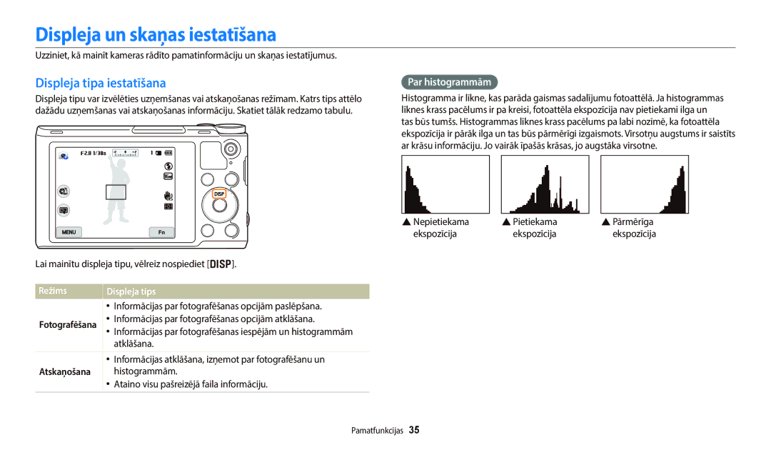 Samsung EC-WB700ZBPBE2 Displeja un skaņas iestatīšana, Displeja tipa iestatīšana, Par histogrammām, Režīms Displeja tips 