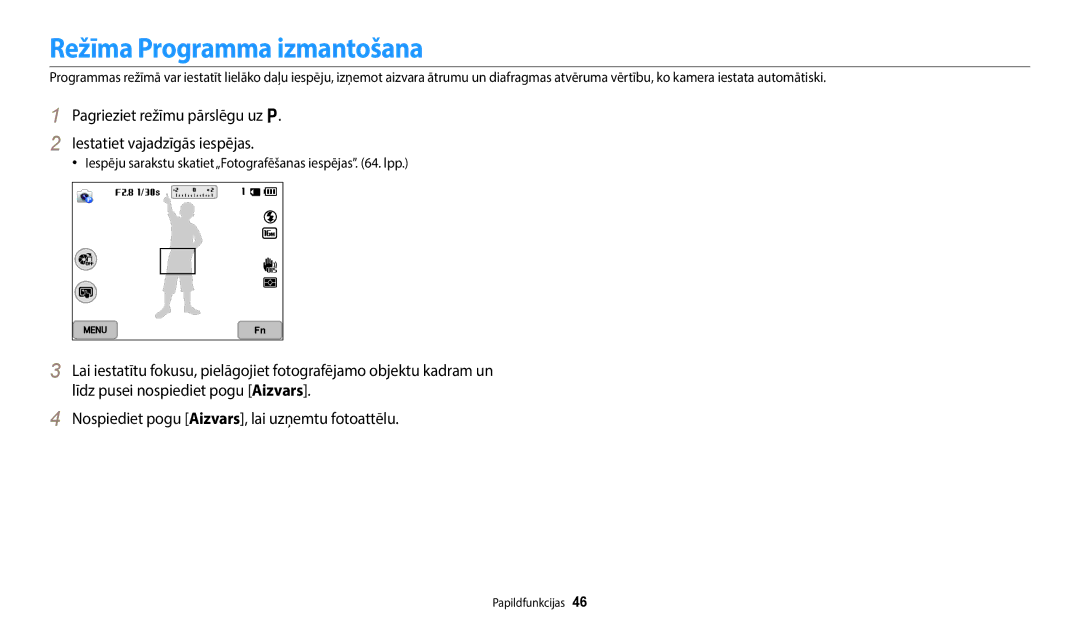 Samsung EC-WB800FBPBE2 manual Režīma Programma izmantošana, Iespēju sarakstu skatiet„Fotografēšanas iespējas . lpp 