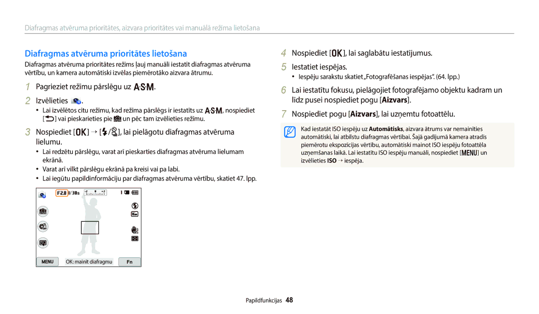 Samsung EC-WB800FFPBE2 manual Diafragmas atvēruma prioritātes lietošana, Pagrieziet režīmu pārslēgu uz G Izvēlieties 