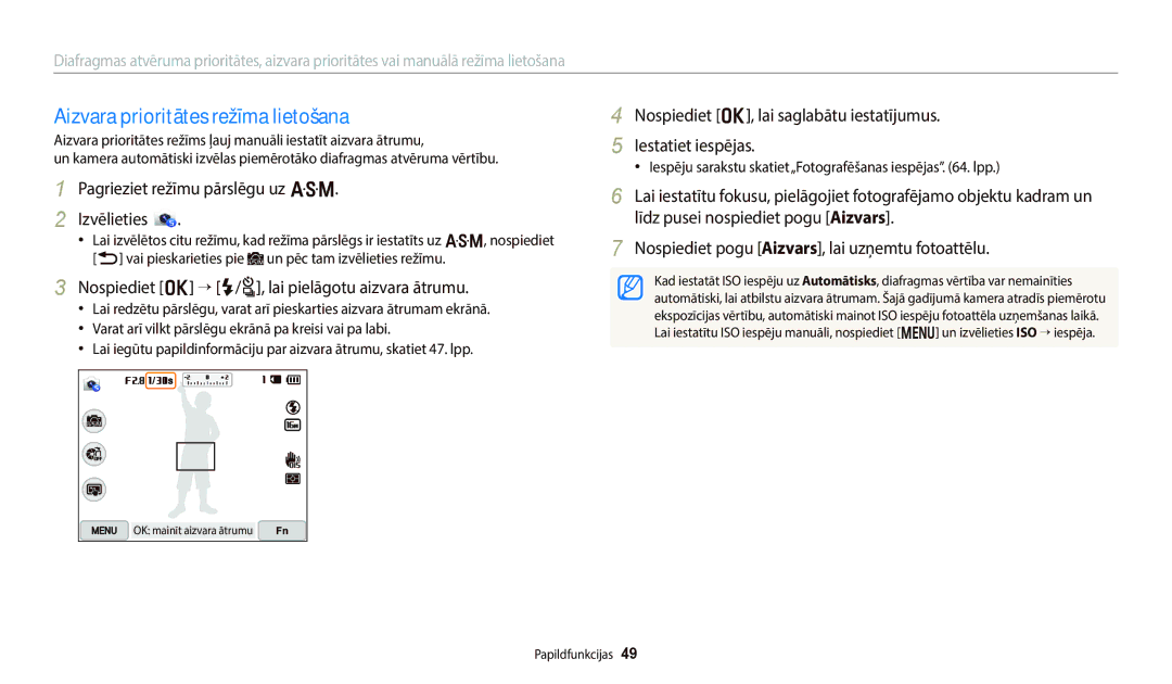 Samsung EC-WB800FBPWE2 manual Aizvara prioritātes režīma lietošana, Nospiediet o “ F/t, lai pielāgotu aizvara ātrumu 