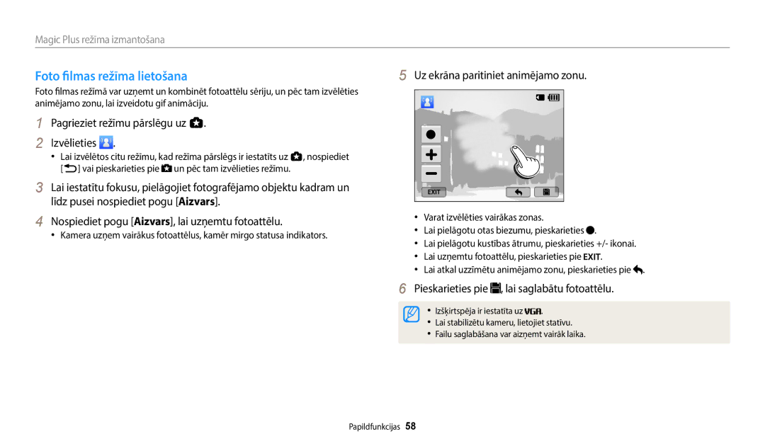 Samsung EC-WB800FFPBE2, EC-WB800FBPWE2, EC-WB700ZBPBE2 Foto filmas režīma lietošana, Uz ekrāna paritiniet animējamo zonu 