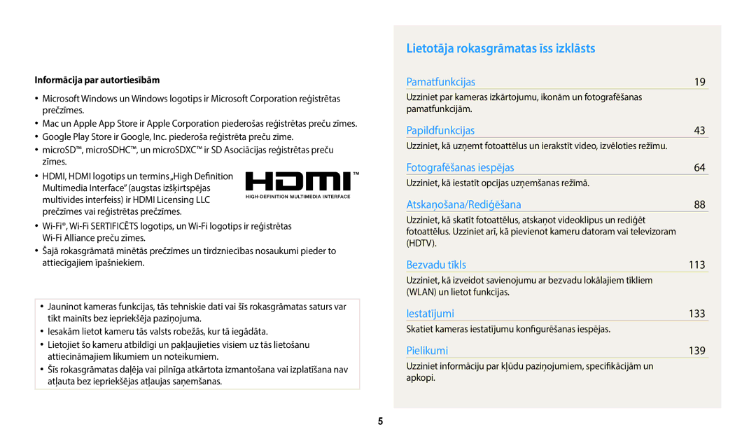 Samsung EC-WB700ZBPBE2, EC-WB800FBPWE2 Lietotāja rokasgrāmatas īss izklāsts, 113, 133, 139, Informācija par autortiesībām 