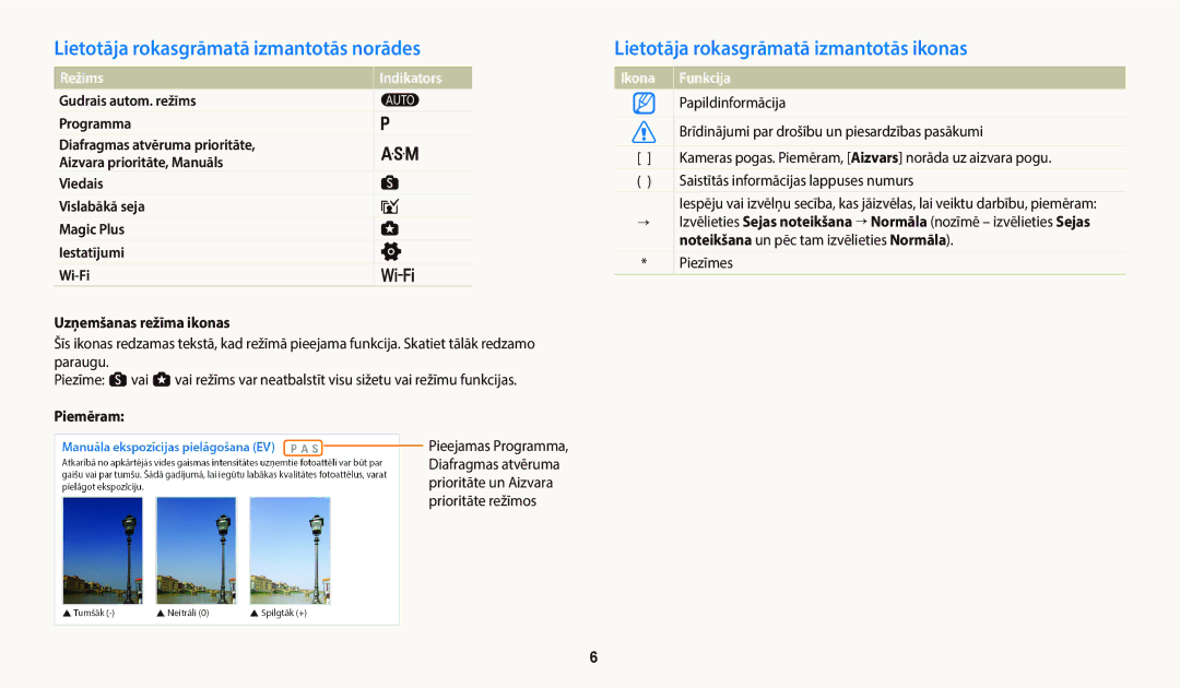 Samsung EC-WB800FBPBE2 manual Lietotāja rokasgrāmatā izmantotās norādes, Lietotāja rokasgrāmatā izmantotās ikonas, Piemēram 