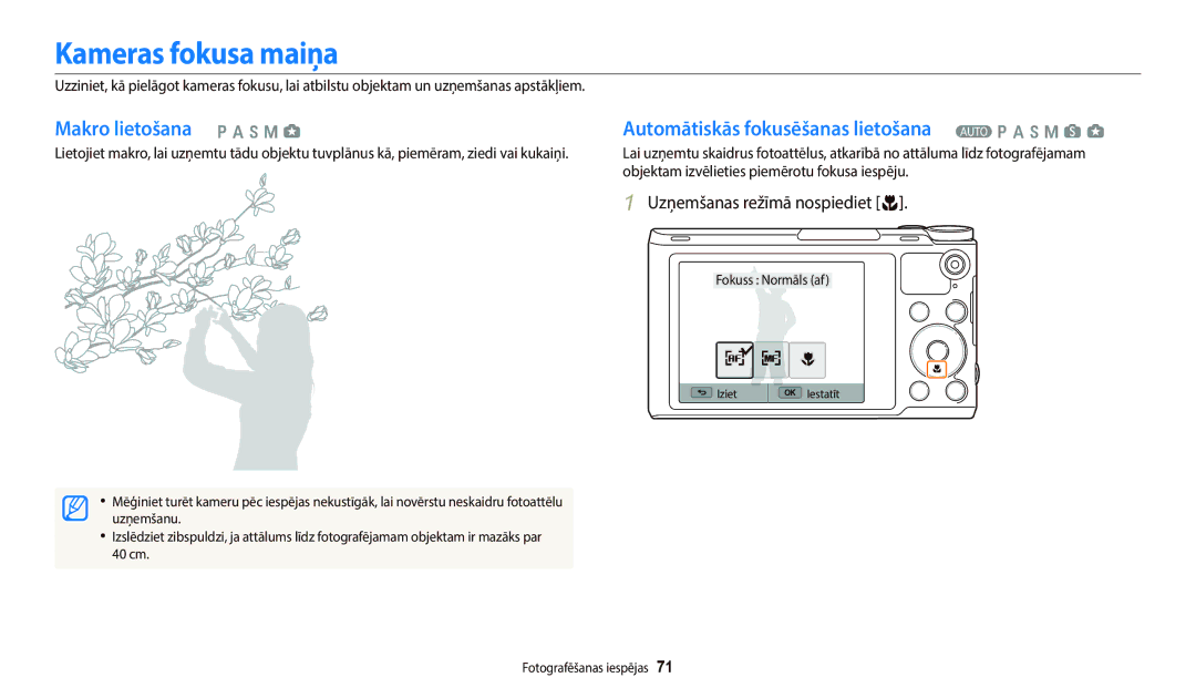 Samsung EC-WB800FBPBE2 Kameras fokusa maiņa, Makro lietošana p a h M g, Automātiskās fokusēšanas lietošana T p a h M s g 