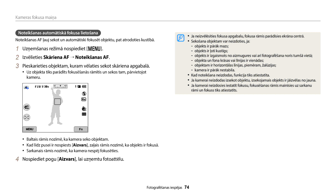 Samsung EC-WB800FBPWE2 manual Izvēlieties Skāriena AF “ Noteikšanas AF, Nospiediet pogu Aizvars, lai uzņemtu fotoattēlu 