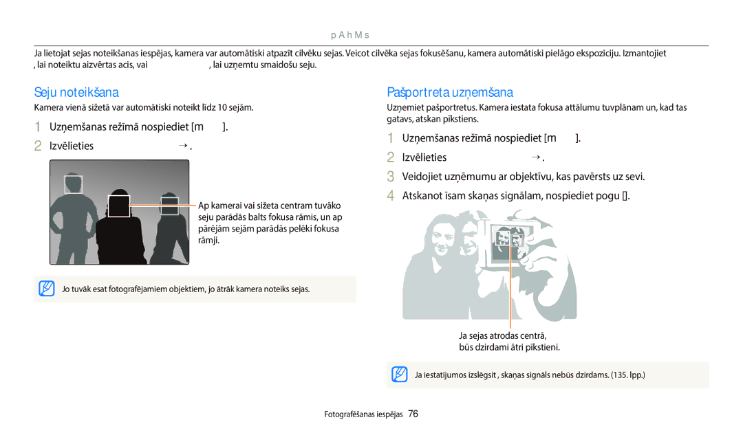 Samsung EC-WB800FBPBE2 manual Sejas noteikšanas funkcijas lietošana p a h M s, Seju noteikšana, Pašportreta uzņemšana 