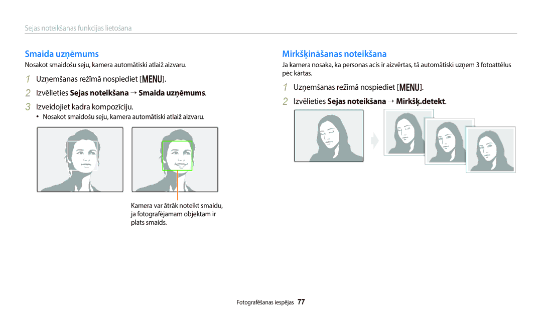 Samsung EC-WB800FFPWE2, EC-WB800FBPWE2 manual Mirkšķināšanas noteikšana, Izvēlieties Sejas noteikšana “ Smaida uzņēmums 