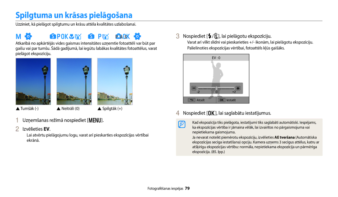 Samsung EC-WB800FBPWE2, EC-WB700ZBPBE2 manual Spilgtuma un krāsas pielāgošana, Manuāla ekspozīcijas pielāgošana EV p a h 